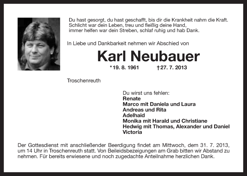  Traueranzeige für Karl Neubauer vom 29.07.2013 aus Nordbayerischer Kurier