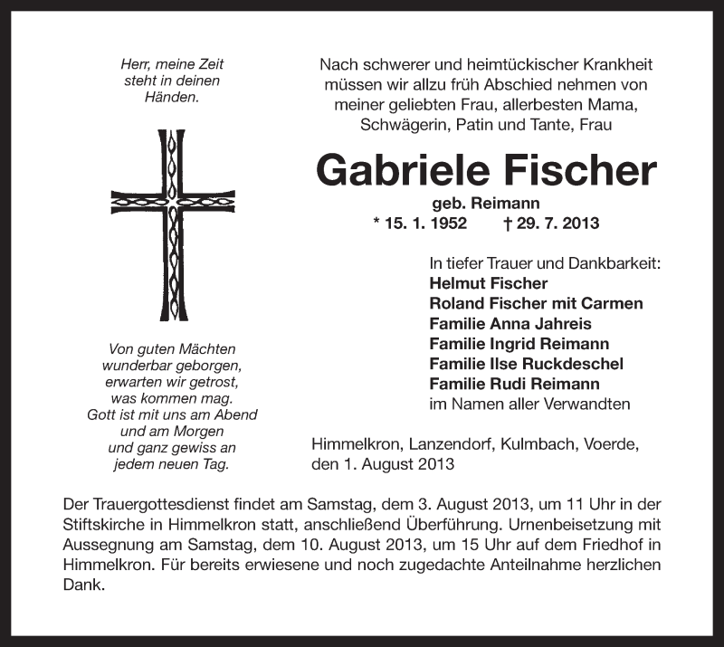  Traueranzeige für Gabriele Fischer vom 01.08.2013 aus Nordbayerischer Kurier