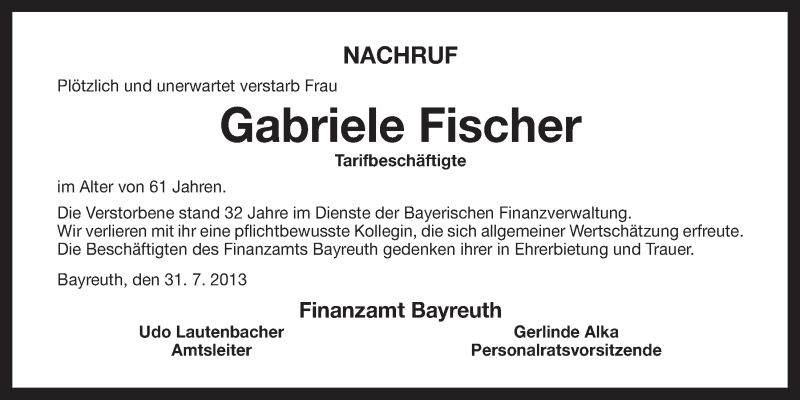  Traueranzeige für Gabriele Fischer vom 02.08.2013 aus Nordbayerischer Kurier