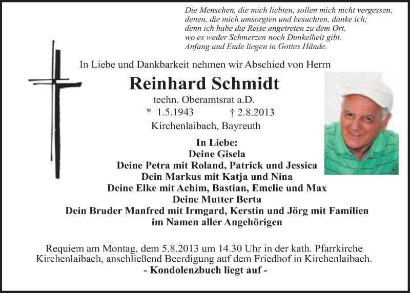  Traueranzeige für Reinhard Schmidt vom 03.08.2013 aus Nordbayerischer Kurier