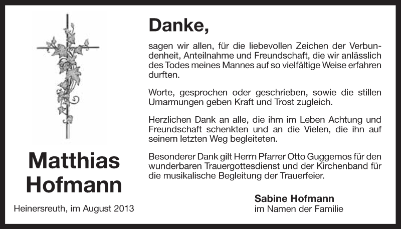  Traueranzeige für Matthias Hofmann vom 03.08.2013 aus Nordbayerischer Kurier