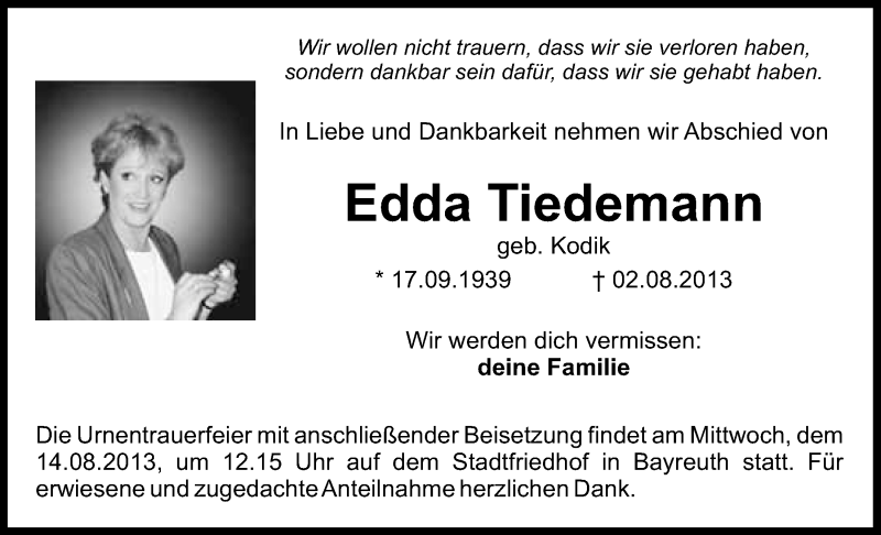  Traueranzeige für Edda Tiedemann vom 07.08.2013 aus Nordbayerischer Kurier
