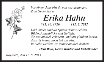 Anzeige von Erika Hahn von Nordbayerischer Kurier