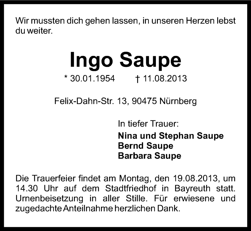  Traueranzeige für Ingo Saupe vom 14.08.2013 aus Nordbayerischer Kurier