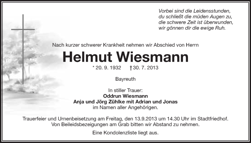  Traueranzeige für Helmut Wiesmann vom 09.09.2013 aus Nordbayerischer Kurier