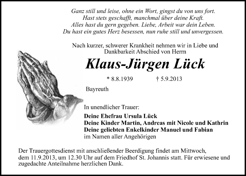  Traueranzeige für Klaus-Jürgen Lück vom 10.09.2013 aus Nordbayerischer Kurier