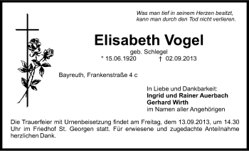 Anzeige von Elisabeth Vogel von Nordbayerischer Kurier