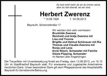 Anzeige von Herbert Zwerenz von Nordbayerischer Kurier