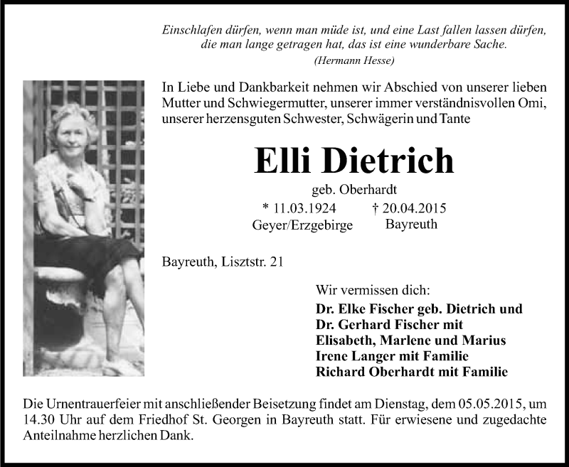  Traueranzeige für Elli Dietrich vom 25.04.2015 aus Nordbayerischer Kurier