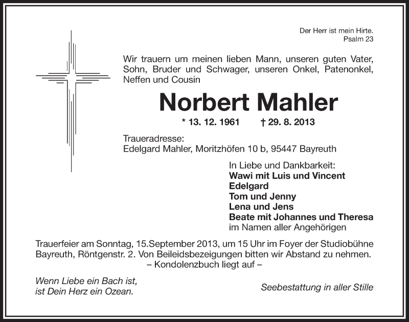 Traueranzeige für Norbert Mahler vom 11.09.2013 aus Nordbayerischer Kurier
