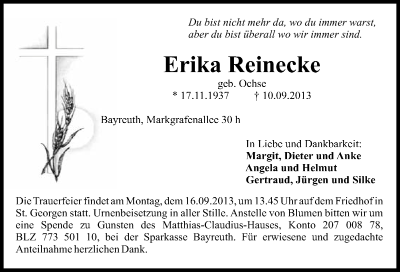  Traueranzeige für Erika Reinecke vom 13.09.2013 aus Nordbayerischer Kurier