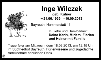 Anzeige von Inge Wilczek von Nordbayerischer Kurier
