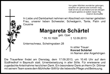 Anzeige von Margareta Schärtel von Nordbayerischer Kurier