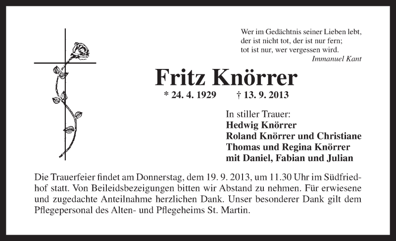  Traueranzeige für Fritz Knörrer vom 17.09.2013 aus Nordbayerischer Kurier