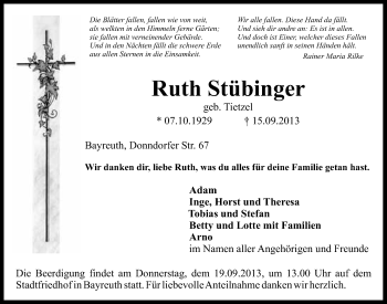 Anzeige von Ruth Stübinger von Nordbayerischer Kurier