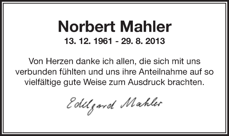  Traueranzeige für Norbert Mahler vom 21.09.2013 aus Nordbayerischer Kurier