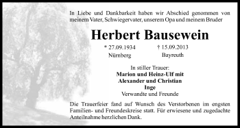 Anzeige von Herbert Bausewein von Nordbayerischer Kurier