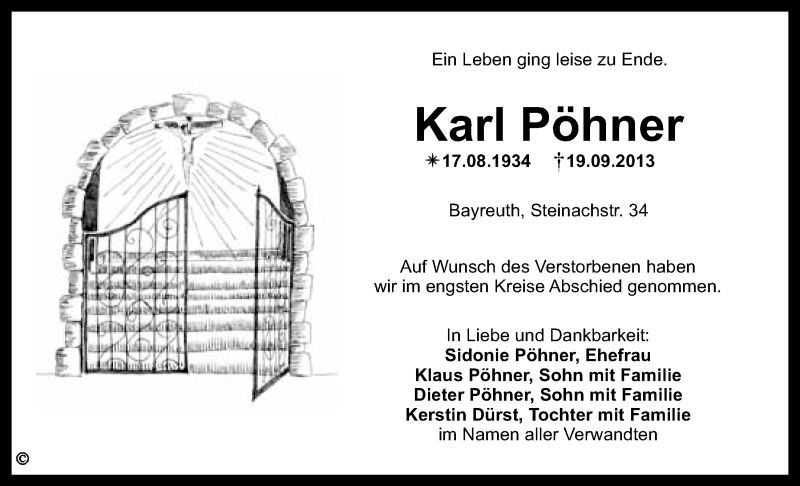  Traueranzeige für Karl Pöhner vom 24.09.2013 aus Nordbayerischer Kurier