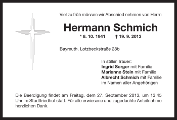 Anzeige von Hermann Schmich von Nordbayerischer Kurier
