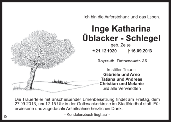 Anzeige von Inge Üblacker-Schlegel von Nordbayerischer Kurier
