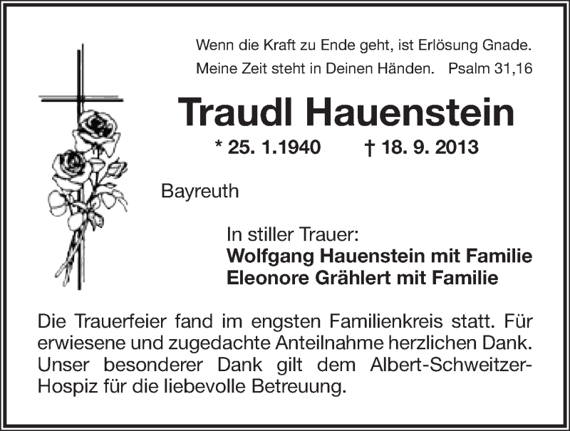  Traueranzeige für Traudl Hauenstein vom 25.09.2013 aus Nordbayerischer Kurier