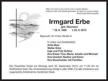 Anzeige von Irmgard Erbe von Nordbayerischer Kurier