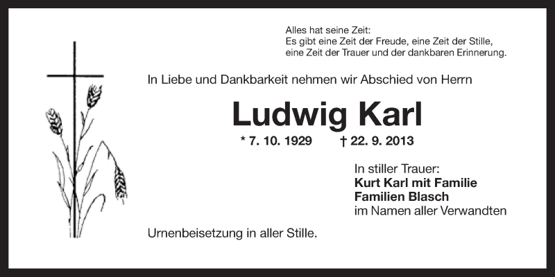  Traueranzeige für Ludwig Karl vom 26.09.2013 aus Nordbayerischer Kurier