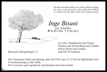 Anzeige von Inge Bisani von Nordbayerischer Kurier