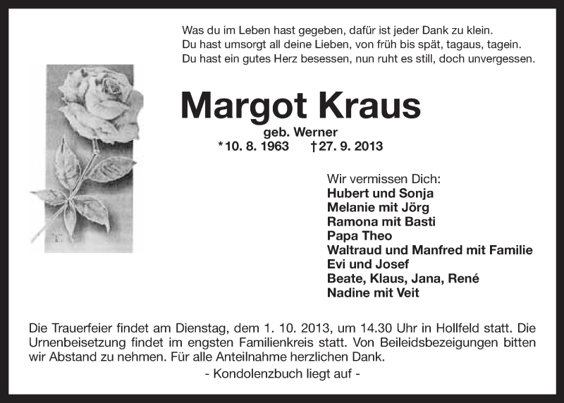  Traueranzeige für Margot Kraus vom 30.09.2013 aus Nordbayerischer Kurier