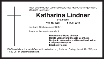 Anzeige von Katharina Lindner von Nordbayerischer Kurier