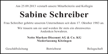 Anzeige von Sabine Schreiber von Nordbayerischer Kurier