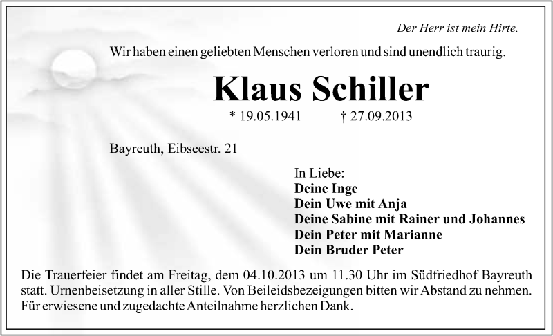  Traueranzeige für Klaus Schiller vom 02.10.2013 aus Nordbayerischer Kurier