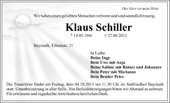 Anzeige von Klaus Schiller von Nordbayerischer Kurier