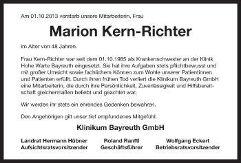 Anzeige von Marion Kern-Richter von Nordbayerischer Kurier