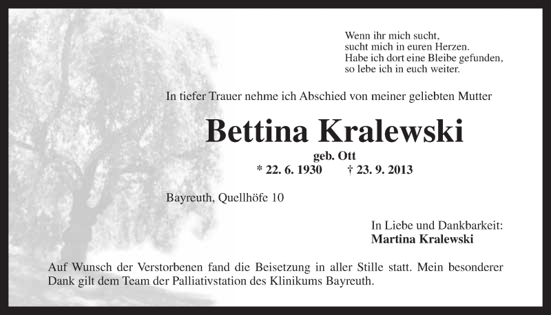  Traueranzeige für Bettina Kralewski vom 05.10.2013 aus Nordbayerischer Kurier