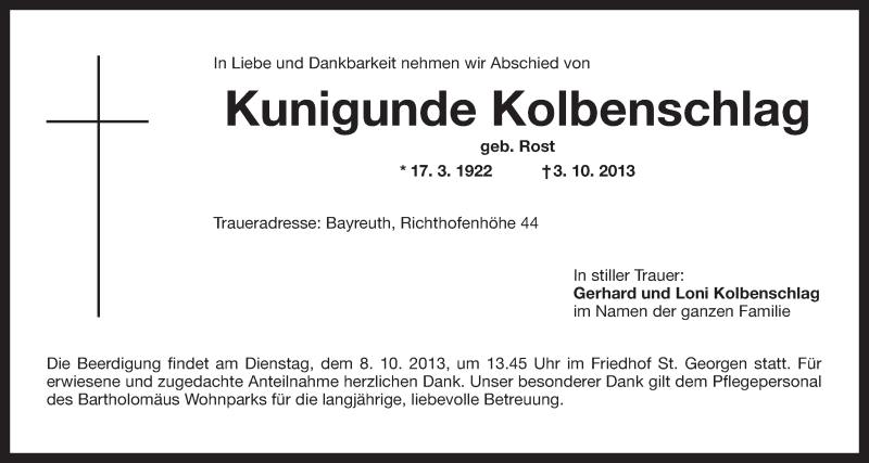  Traueranzeige für Kunigunde Kolbenschlag vom 05.10.2013 aus Nordbayerischer Kurier