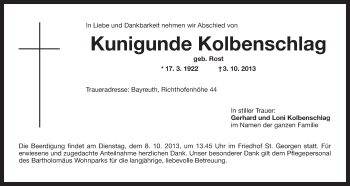 Anzeige von Kunigunde Kolbenschlag von Nordbayerischer Kurier