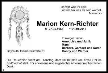 Anzeige von Marion Kern-Richter von Nordbayerischer Kurier