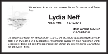 Anzeige von Lydia Neff von Nordbayerischer Kurier