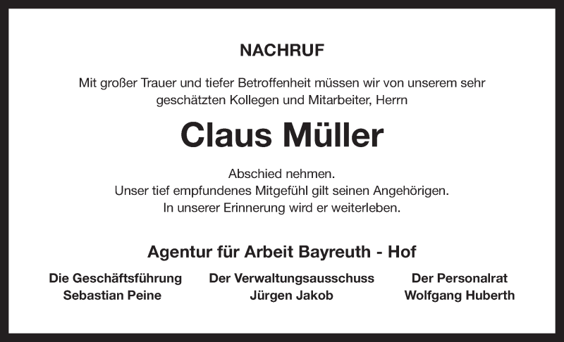  Traueranzeige für Claus Müller vom 09.10.2013 aus Nordbayerischer Kurier
