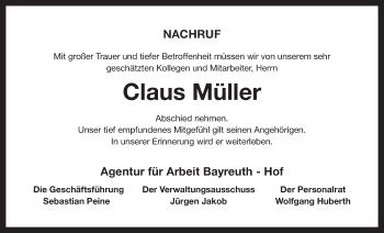 Anzeige von Claus Müller von Nordbayerischer Kurier