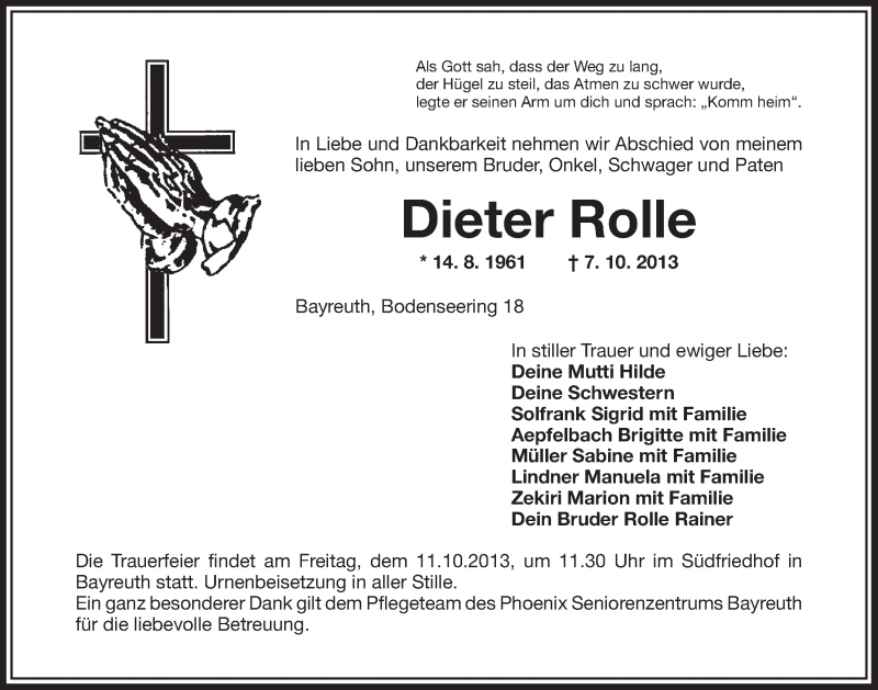  Traueranzeige für Dieter Rolle vom 09.10.2013 aus Nordbayerischer Kurier