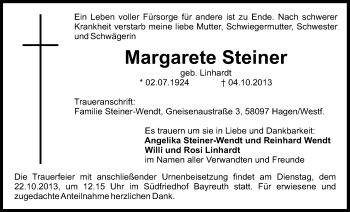 Anzeige von Margarete Steiner von Nordbayerischer Kurier