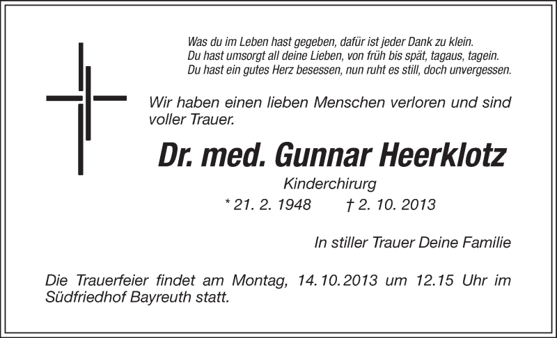  Traueranzeige für Gunnar Heerklotz vom 11.10.2013 aus Nordbayerischer Kurier
