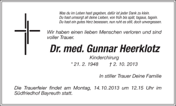 Anzeige von Gunnar Heerklotz von Nordbayerischer Kurier