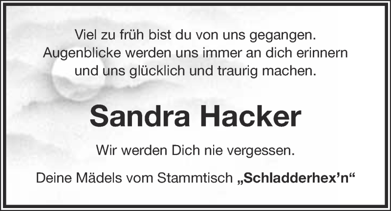  Traueranzeige für Sandra Hacker vom 12.10.2013 aus Nordbayerischer Kurier