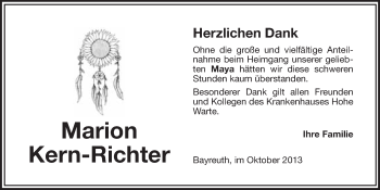 Anzeige von Marion Kern-Richter von Nordbayerischer Kurier