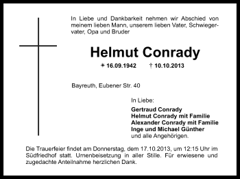 Anzeige von Helmut Conrady von Nordbayerischer Kurier