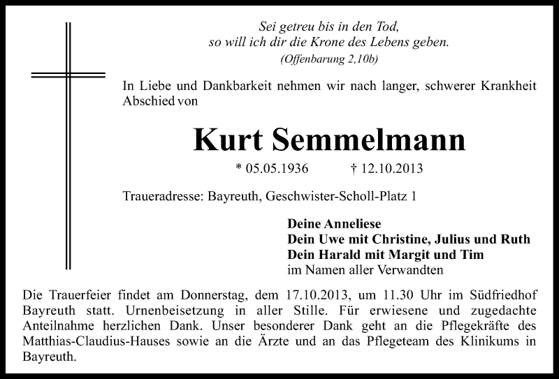 Traueranzeige für Kurt Semmelmann vom 15.10.2013 aus Nordbayerischer Kurier