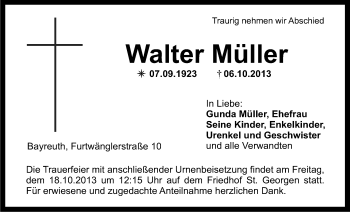 Anzeige von Walter Müller von Nordbayerischer Kurier